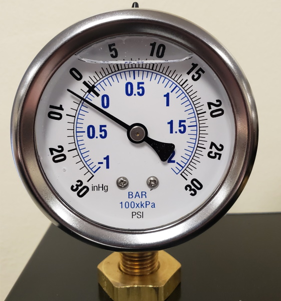 2.5'' Face liquid filled gauges, dual scale, 1/4'' NPT bottom mount 2.5'' liquid filled gauge 30/0" HG