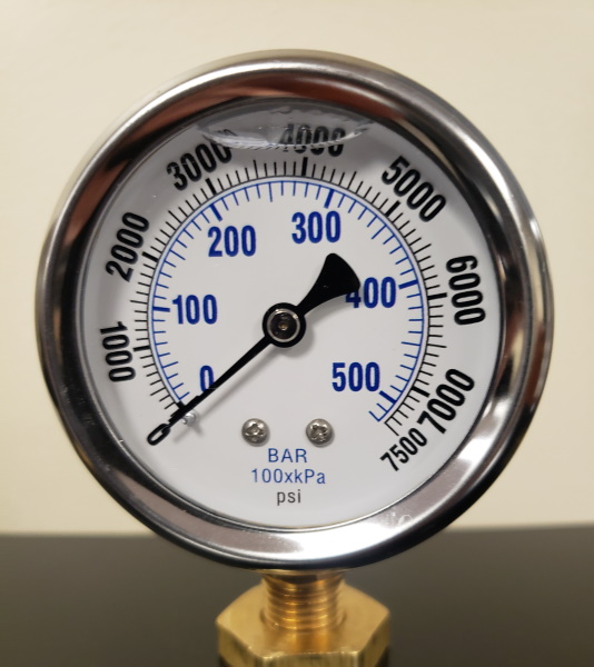 2.5'' Face liquid filled gauges, dual scale, 1/4'' NPT bottom mount 7,500 PSI 2.5'' liquid filled gauge